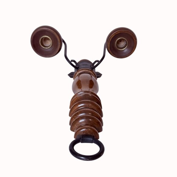 Wooden Double Arm Wall Candle Sconce VTG Turned Wood Wrought Iron Taper Holder - Picture 7 of 16